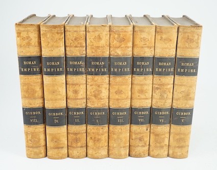 Gibbon, Edward - The History of the Decline and Fall of the Roman Empire. 8 vols. engraved portrait frontis. & 3 folded maps; contemp. half calf and marbled boards, gilt and blind-decorated spines. 1828